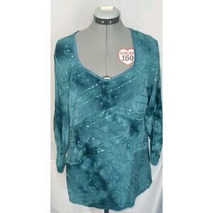 Dress Barn Green Embellished Sequin Top with 3/4 Sleeves- Size 1X